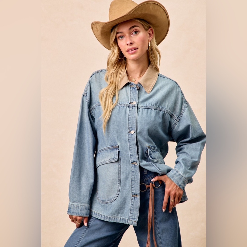 BiBi Washed Denim Jacket with Contrast Collar Detail